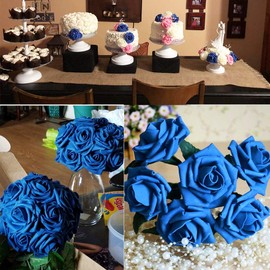 DearHouse Artificial Flowers Roses, 25pcs Real Looking Fake Roses with Stems for DIY Wedding Bouquets Centerpieces Arrangements Birthday Home Party Decorations (Blue)