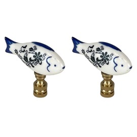 Royal Designs, Inc. Porcelain Fish Finial for Lamp Shade, Polished Brass, Blue & White, Pack of 2
