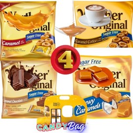 (PACK OF 4) ALL Original Sugar Free Flavors - Chocolate, Coffee, Chewy, and Unique Caramel - Soft and Hard Candies - 1 Bag of Each - One Bus Resealable ZipBag (Sugar Free Delicious Assorted)