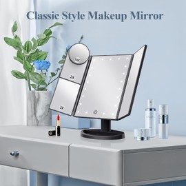 HUONUL Makeup Mirror Vanity with Lights, 2X 3X 10X Magnification, Touch Control, Trifold Mirror, Dual Power Supply, Gifts for Women, Wife, Mom, Teengirls(Black)