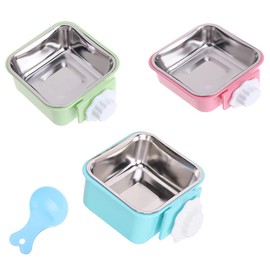 Y-ANN Crate Dog Bowl, Removable Stainless Steel Water Food Feeder Bowls Hanging Pet Cage Coop Cup for Dogs Cats Puppy Rabbits Bird and Small Pets (Large (Pack of 3), Square (Blue+Green+Pink))