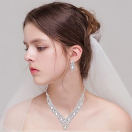 Rhinestone Jewellery Set for Women Necklace Earrings Bridal Jewellery Set for Brides Bridesmaid Jewellery Set Bridal Crystal Wedding Jewellery Sets for Women Bridal Wedding Necklace Earrings Set,