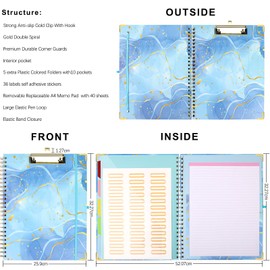 Clipboard Folio with Refillable Notepad, 5 Dividers with 10 Pockets Storage Spiral Notebooks,Cute Clipboard Folder,Spiral Clipboards Portfolio Planners for School Office (Pale Blue)