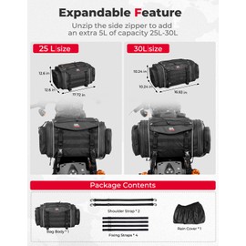 KEMIMOTO Motorcycle Travel Luggage Bags, 23L-30L Expandable Large Capacity Motorcycle Tail Bag, Waterproof Rear Rack Trunk, Motor Pannier Bag with Rain Cover and Straps