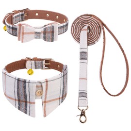 EXPAWLORER Dog Collar and Leash Set - Classic Plaid Dog Collar with Bow Tie and Removable Cute Bell, Puppy Collar and Dog Leash No Tangle, Adjustable Dog Collars for Small Dogs Cats, Beige XS
