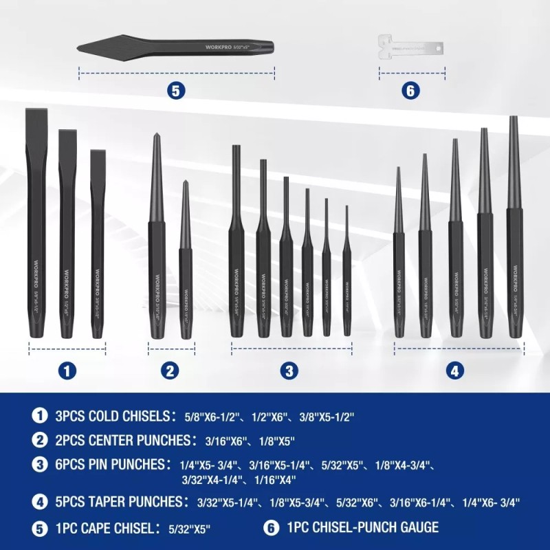 WORKPRO 30PIECE Heavy Duty Punch Chisel Taper/Center/P