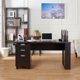 ioHOMES Collin Modern 3 Drawers and 2 Magazine Racks Home Office Desk with Built-In File Cabinet, Espresso