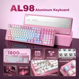 YUNZII AL98 QMK/VIA Wireless Mechanical Gaming Keyboard,Full Aluminum,BT/2.4G/USB-C, Pre-Lubed Hot Swappable Gasket Mount 1800 Layout,RGB Backlit for Win/Mac (Pink, Milk Switch)