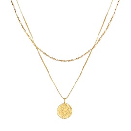 Kuzzoi Men's Silver Necklace Layer Look with Coin (15 mm), Necklace for Men in 925 Sterling Silver Gold-Plated, Golden Layer Chain with Round Plate, Men's Necklace with Pendant Handmade, Sterling