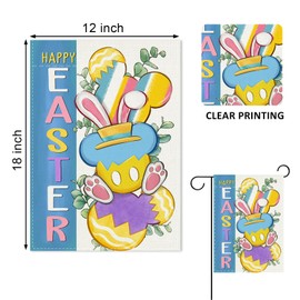 Covido Happy Easter Decorative Garden Flag, Spring Bunny Rabbit Blue Yard Outside Decorations, Cute Easter Eggs Burlap Outdoor Small Home Decor Double Sided 12 x 18