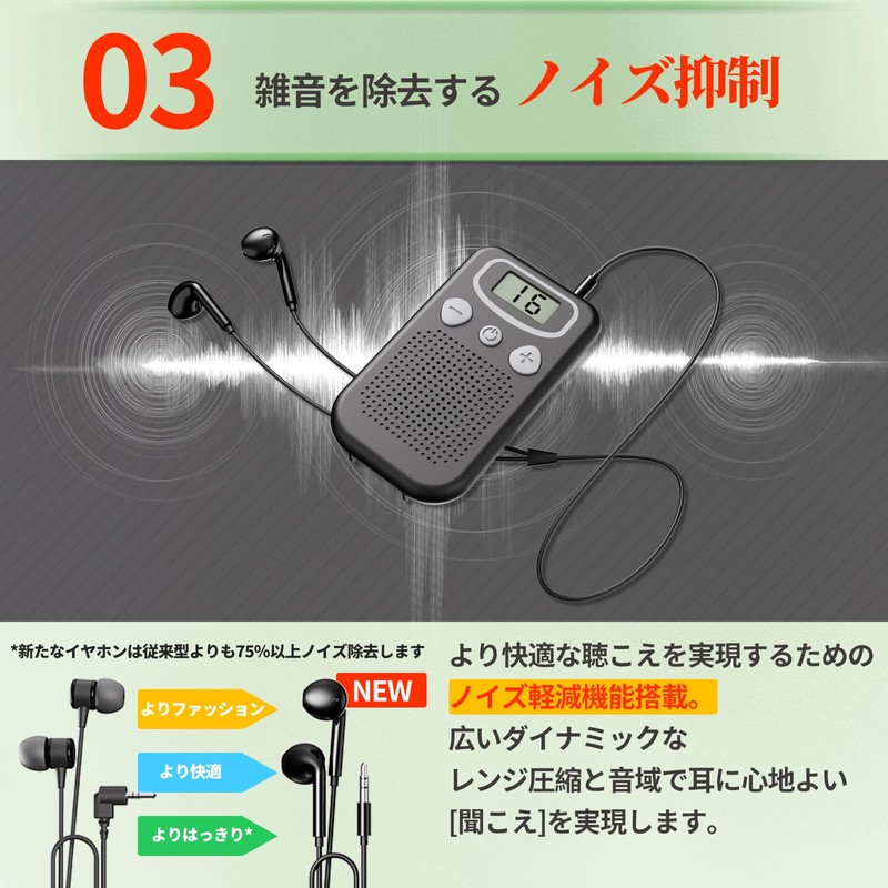 集音器 超高感度集音器 ポケット型 簡単操作 高齢者向け 16段音量調節 両耳用 大きなボタン 持ち運び イヤホン