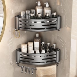 VOLPONE Corner Shower Caddy Adhesive Shower Shelf Corner No Drilling Bathroom Shower Organizer Storage Rack Rust-proof with Towel Bar (2-Pack, Gray)