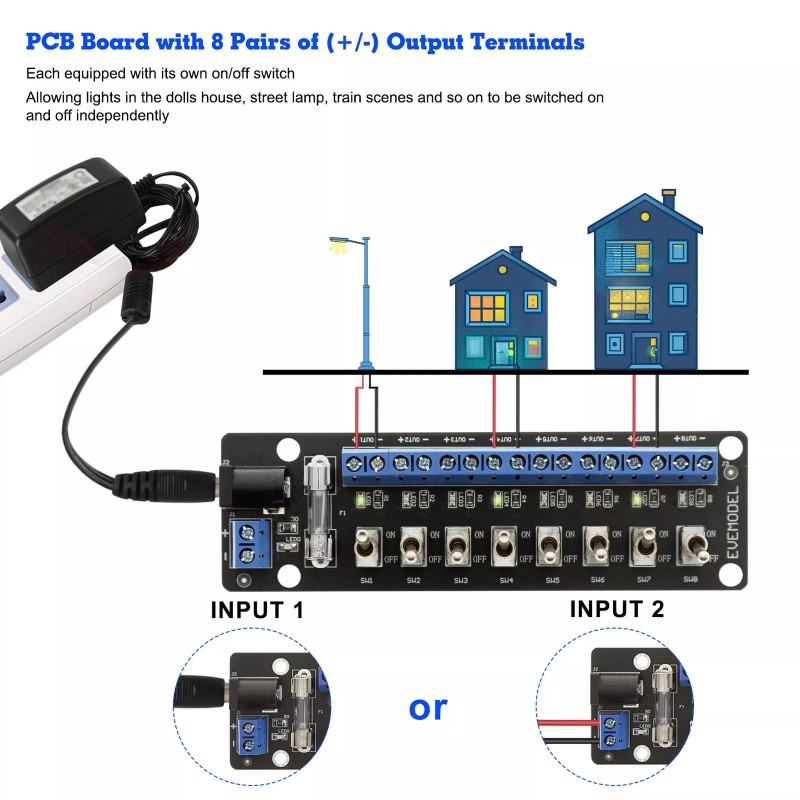 Evemodel 3V-24V DC Individual Toggle Switch Power Distribution Module 8
