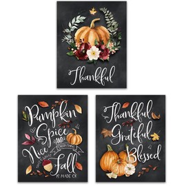 Autumn Decor Fall Wall Art Watercolor Pumpkin Quote Floral Leaves Themed Painting Harvest Festive Home Decoration Thanksgiving Gift Farmhouse Living Room Vintage Rustic Prints(8x10 inch,Set of