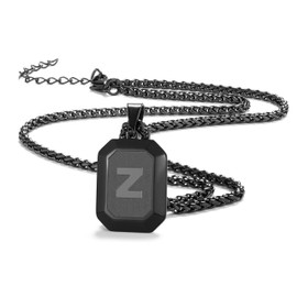 Initial A-Z Necklace for Men Boys, Stainless Steel Black Square Letter Pendant Chain for Men, 20 + 2 Inch Wheat Chain Alphabet Monogram Dog Tag Necklaces Jewellery Gifts (T), Stainless Steel