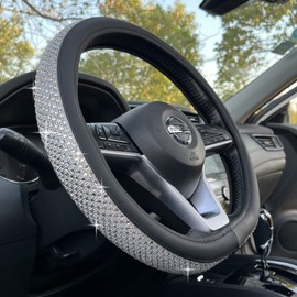 PINCTROT D Shaped Bling Comfy Steering Wheel Cover with Jumbo Crystal Rhinestones, Anti-Slip Diamond Leather, Flat Bottom 14.5-15 Inch (Silver)