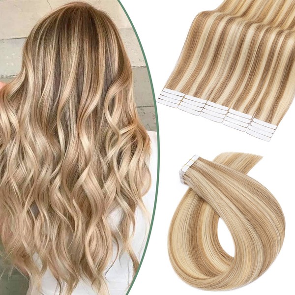 S-noilite Tape-In Real Hair Extensions, Thin, 20 Pieces, Remy Real Hair Tape-In Hair Extensions, Light Golden Brown/Bleached Blonde #12/613-20 g (30 cm)
