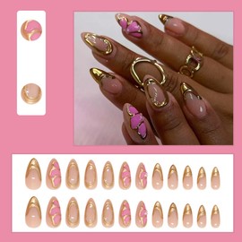 24 Pcs French Tip Press on Nails Short Almond - SHANRUN Pink Nail Tips Acrylic Nail Kit Fake Nails Press ons Glue on Nails Full Cover Nail Art with butterfly Shape Gilded Design False Nails for Women