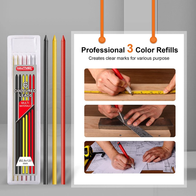 HAUTMEC Solid Carpenter Pencil with 6 Refills, Long Nose Deep
