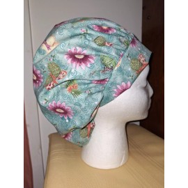 Handmade Teal w/ Flowers and Butterflies Medical Surgical Bouffant Scrub Hat SIZE Small