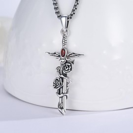 YueYuan Sword Necklace 925 Sterling Silver Gothic Rose/Skull/Snake Pendant with Cubic Zirconia Goth Jewellery Gifts for Women Men Valentine's Day Birthday, Sterling Silver, No Gemstone