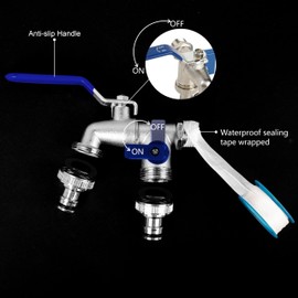Double Garden Tap with Connector, 1/2 Inch Inlet and Two 3/4 Inch Outlet Outside Taps Hose Fitting Garden Kit for Outside Double Outlet Outdoor Brass Tap(Blue)