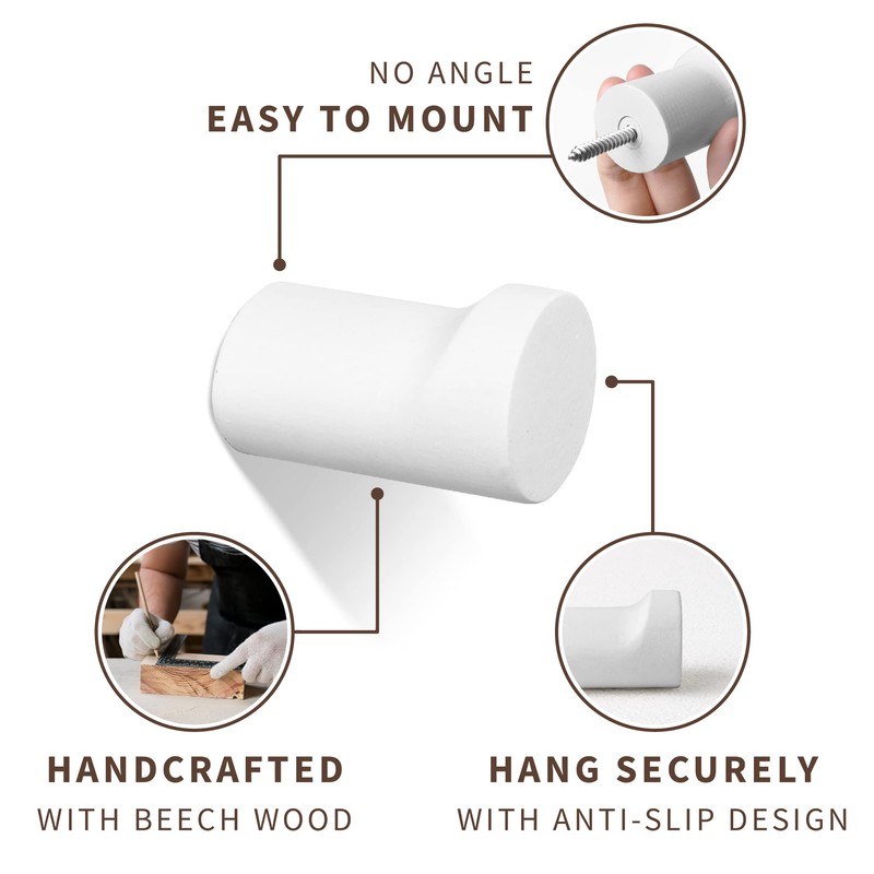 NAUMOO Wooden White Wall Hooks - Pack of 4 -
