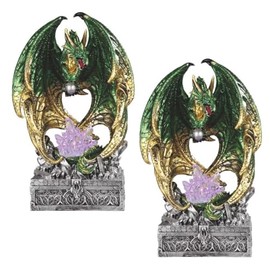 ICE ARMOR 2-PC Gift Set 10" H LED Green Dragon on Treasure Box Figurine Statue Sculpture Ornament Decoration Home/Room Decor for Housewarming, Holidays, Christmas Special