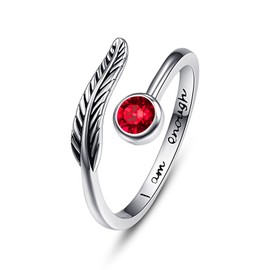 Birthstone Women's Adjustable Ring, 925 Sterling Silver, Feather Ring Birthstone Jewellery, Birthday Gift for Women and Girls