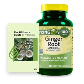 SPR-ing Valle Ginger Root Digestive Health Dietary Supplement Capsules, 550 mg, 100 Count Bundle with Vtmx Vitamin Guide