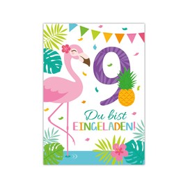 Junaversum 12 Invitation Cards for 9th Birthday Children Ninth Children's Birthday Girls Flamingo