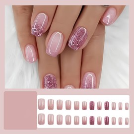 Short Press On Nails Square Fake Nails Acrylic Nails Press Ons Nude Pink False Nails With Glitter Glossy Designs Artificial Nails Full Cover Stick On Nails Short Glue On Nails For Women