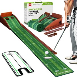 Golfguru 9.8ft Putting Green Mat With Automatic Ball Return Track & Mirror, Indoor Golf Green for Home, Thickened Wrinkle-Free Crystal Velvet, Golf Accessories for Men