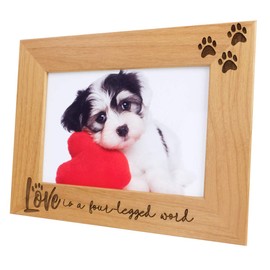 Love is a Four-Legged Word Wood Engraved Pet Picture Frame - Dog & Cat Mom & Dad Paw Print Memorial Frame - Gift for Pet Lovers (4x6 Horizontal)