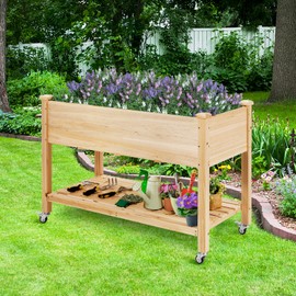 COSTWAY Raised Garden Bed with Wheels, Wood Planter Box with Storage Shelf for Vegetables, Flowers & Herbs, Elevated Garden Planter Bed for Backyard, Patio, Balcony, 47.5”L x 23.5”W x 33”H