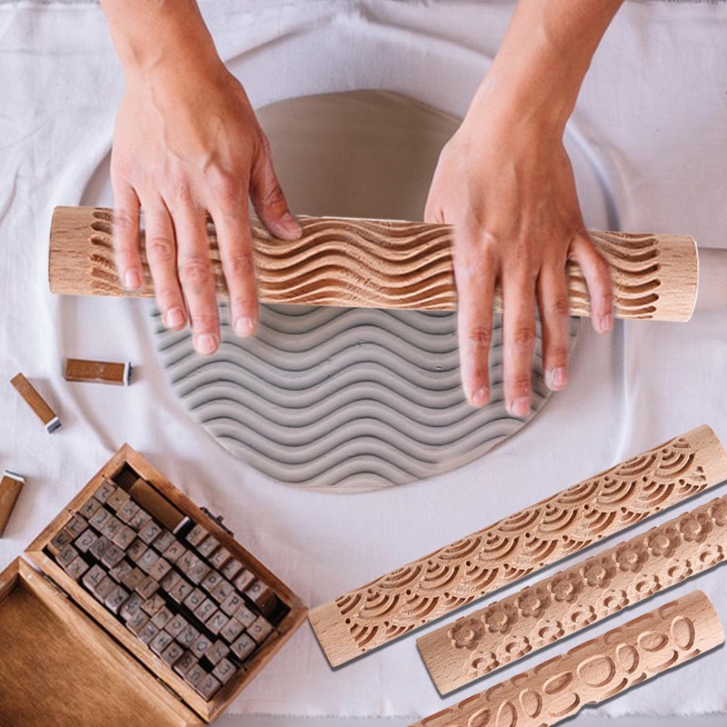 TALOEYH 6 Styles Modelling Pattern Roller, Wooden Texture Roller, Handmade