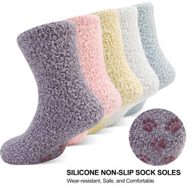 QKURT 5 Pairs Non Slip Baby Fluffy Socks, Coral Fleece Kids' Socks Toddler Bed Socks Slipper Socks Plush Winter Socks with Anti-Slip Grips for Boys and Girls, Age 0-5