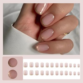 24 Pcs Pink Press on Nails Short Square - MINGCHUN Spring Bling Fake Nails Press ons Cute Pink Acrylic Nail Art Tip Kit with Gold Glitter French Design Full Cover False Nails Glue on Nails for Women
