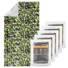 SET007 5 Pack Mylar Emergency Blankets for Survival, Space Blanket Designed for NASA, Foil Thermal Blankets for Outdoor Camping, Hiking, Marathon, First Aid Car Kit, Extreme Weather, Camouflage