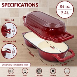 Cast Iron Bread Pan with Lid, Double Dutch Oven for Sourdough Bread Baking, 2 Round Loaf Compartments + 2Pack 5-Inch Baking Bowls and 2 Anti-Scald Clips, Oven Safe to 500°F, Dutch Oven Dark Red