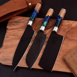 AHAFR 3-Piece Kitchen Knife Set - Chef's Knife, Cleaver, Santoku - Chef Knife Set for Kitchen - Professional Knife Sets for Master Chefs - Knife Set with Bag