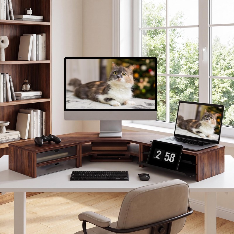 Fenge Dual Monitor Stand, Corner Desk Shelf with Drawer &
