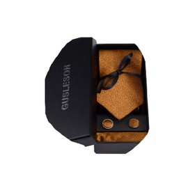 GUSLESON Mens Gold Solid Tie with Pocket Square Cufflinks set Woven Silk Necktie (0756-11)