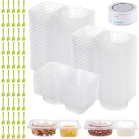 Blushtier 50 Set Double Compartment Condiment Containers with Lids Spoons Food Labels 2 Mini Compartment Snack Pack Containers for Meal Sauce Sampling Travel Snack Lunches Picnics Parties