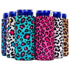 QualityPerfection Slim Can Cooler Sleeves (6 Units) Insulated, Neoprene 4mm Thickness Thermocooler for 12 oz Tall Skinny Beverage - Leopard Design (Leopard Mix)