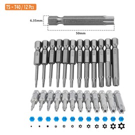 Torx Screwdriver Bits,12 pcs S2 Steel Magnetic Star Head Screwdrivers Security Screws Torx Socket Bit Set Electric Screwdriver,50mm,with Screwdriver Handle(Color Random)