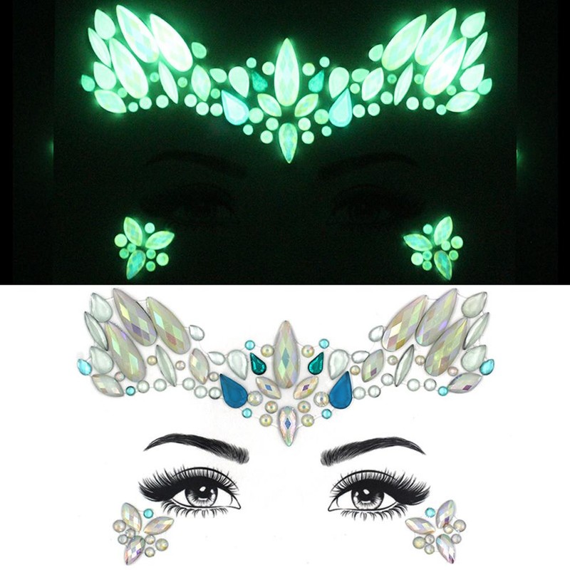 6Pcs Luminous Rhinestones Face Temporary Tattoos Glitter Festival Face Stickers