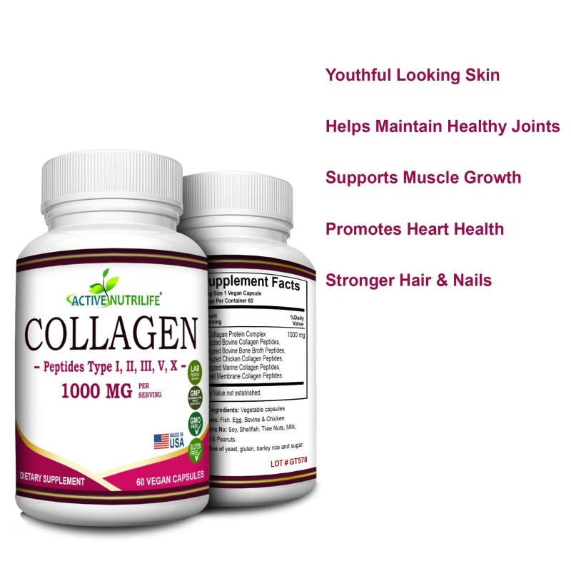 Collagen Peptides 60 Capsule 1000 MG Hydrolyzed Anti-Aging (Types I,II,III,V,X)