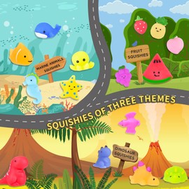 Leehur Squishy Kawaii Set, 20 Pieces Mochi Mini Squeeze Toy, Squishies Mesh Ball, Anti-Stress Toy, Party Gifts, Decoration for Boys and Girls (Pack of 20 Fruit, Dinosaur, See Animal)