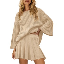 SENSERISE Womens Sweater Skirt Set 2 Piece Outfits Long Sleeve Pullover Top Ribbed Knit Lounge Dresses(Beige,M)